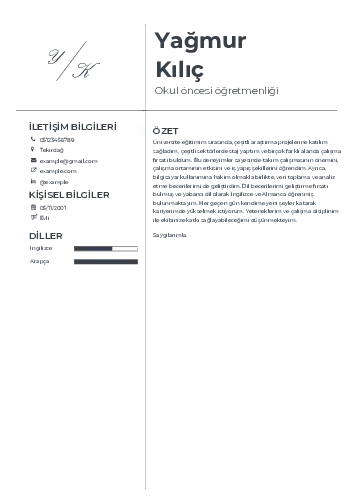 Okul Öncesi Öğretmeni Öğretmenliği Cv Örnekleri cv indir